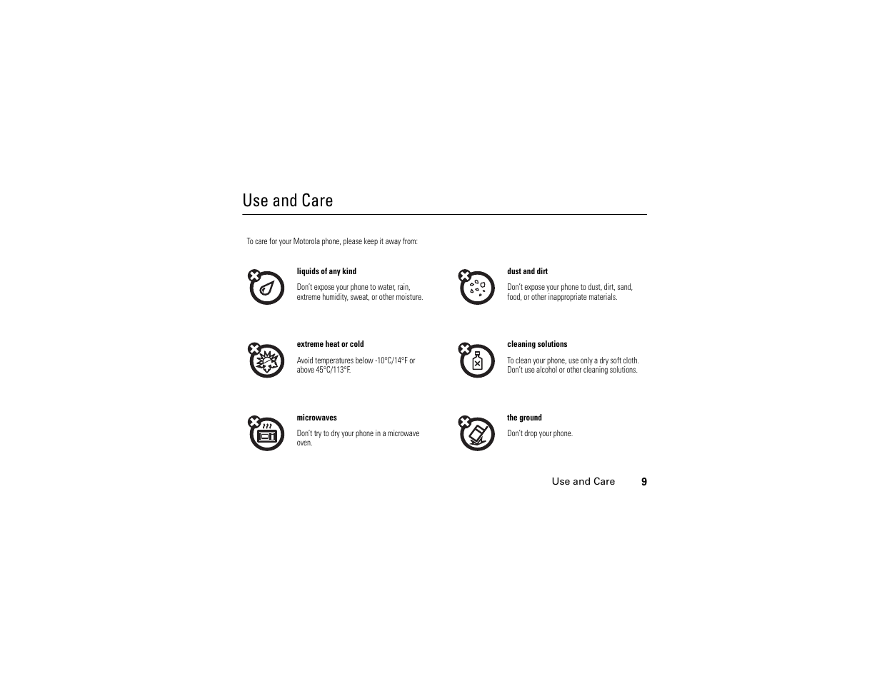 Use and care | Motorola W510 User Manual | Page 11 / 115