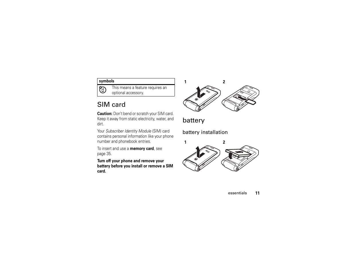 Sim card, Battery, Sim card battery | Motorola W510 User Manual | Page 13 / 115