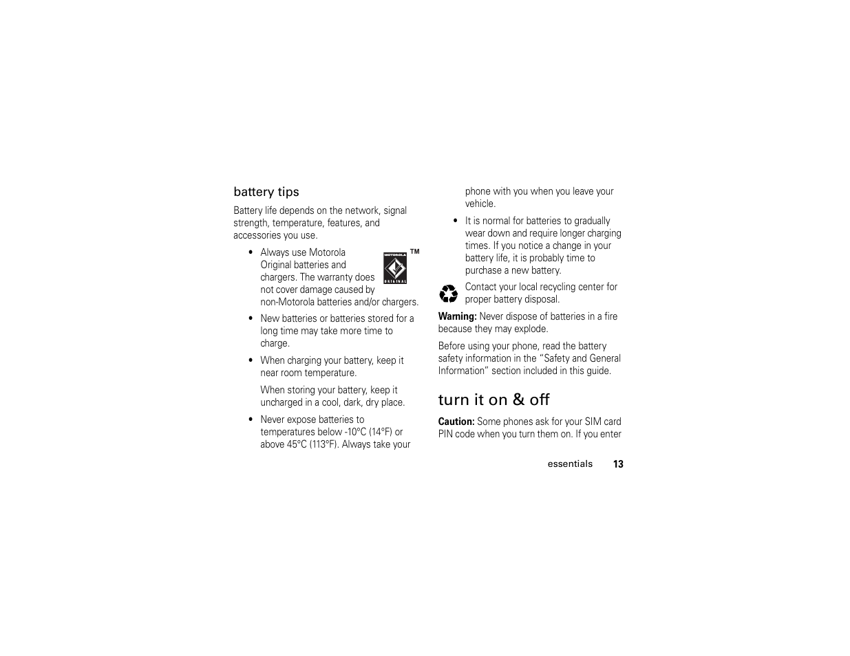 Turn it on & off | Motorola W510 User Manual | Page 15 / 115