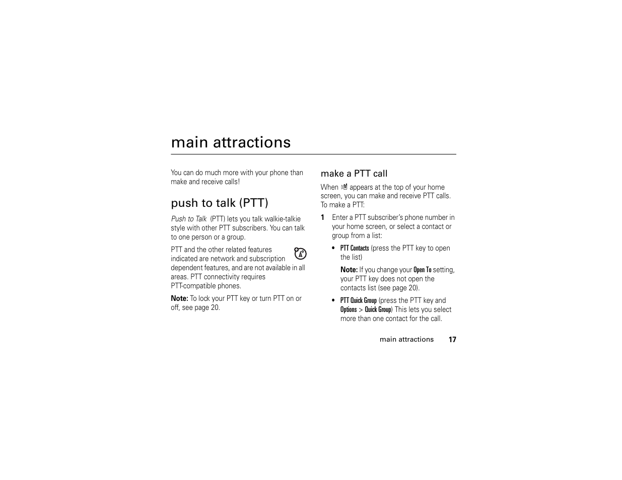 Main attractions, Push to talk (ptt) | Motorola W510 User Manual | Page 19 / 115