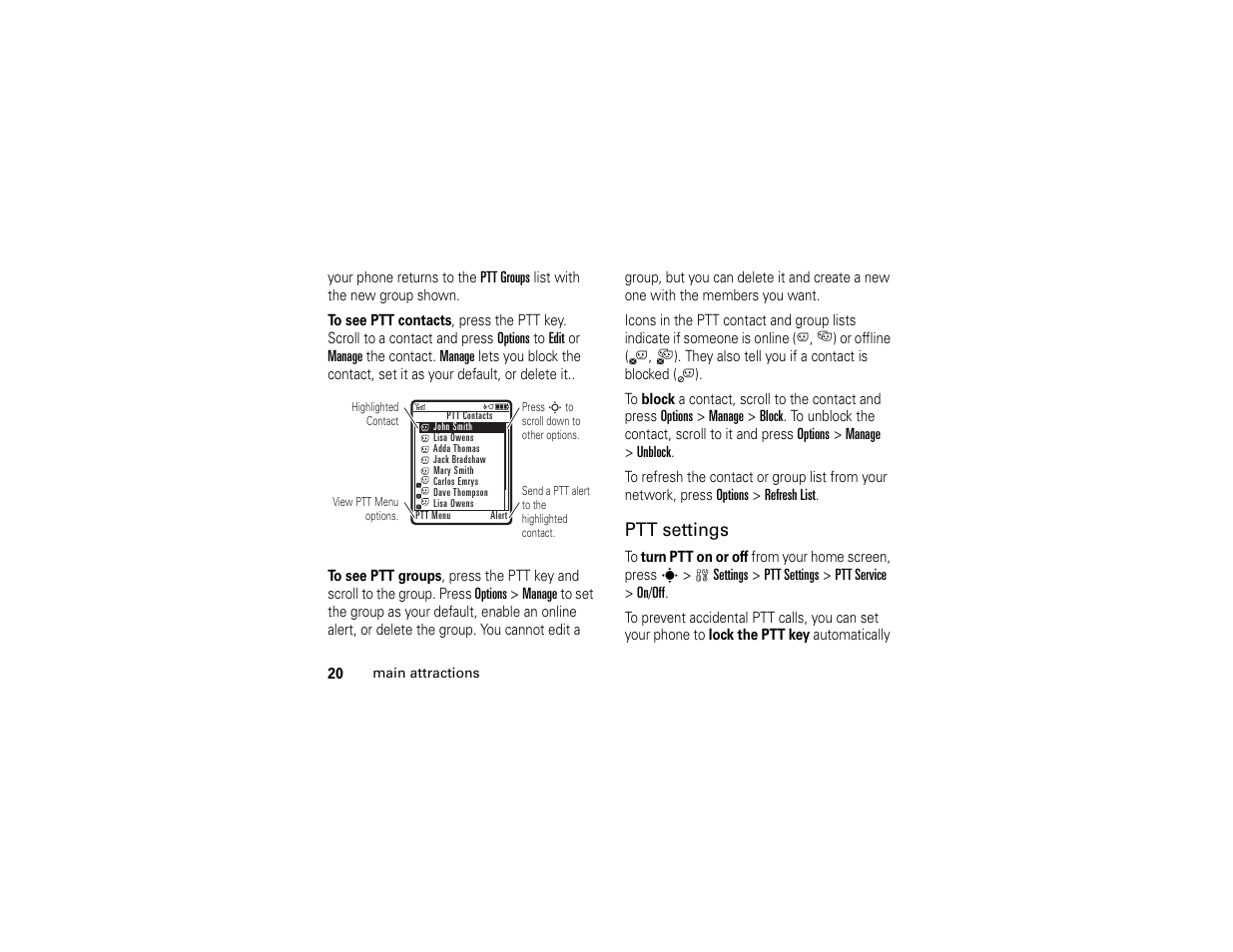 Ptt settings | Motorola W510 User Manual | Page 22 / 115