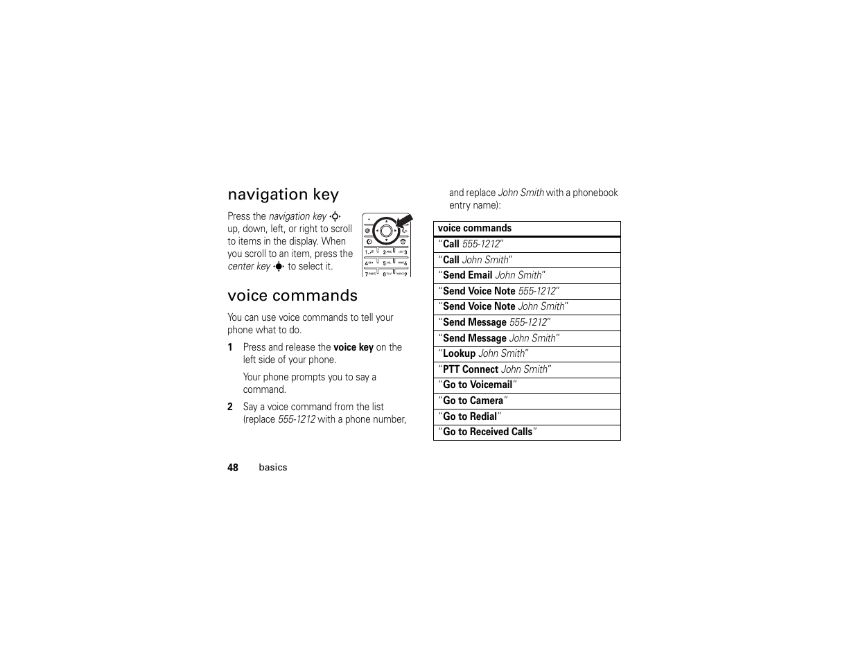 Navigation key, Voice commands, Navigation key voice commands | Motorola W510 User Manual | Page 50 / 115