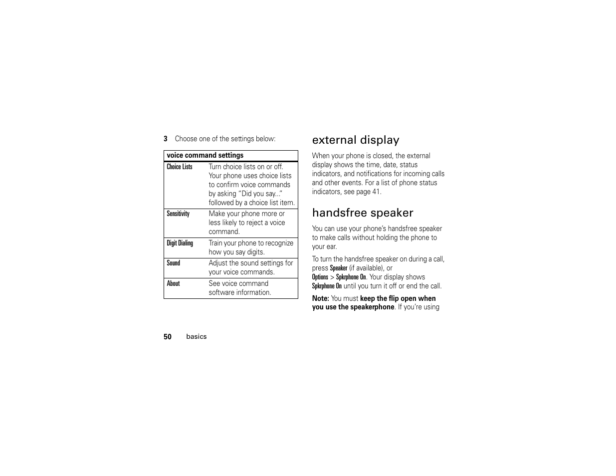 External display, Handsfree speaker, External display handsfree speaker | Motorola W510 User Manual | Page 52 / 115