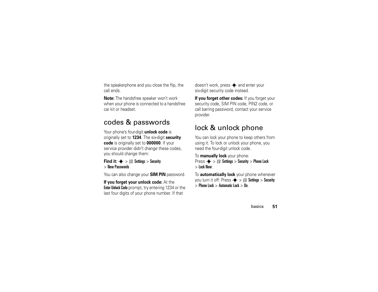 Codes & passwords, Lock & unlock phone, Codes & passwords lock & unlock phone | Motorola W510 User Manual | Page 53 / 115