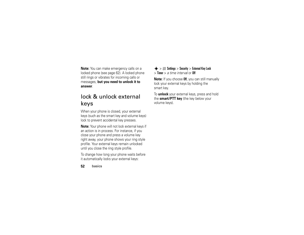 Lock & unlock external keys | Motorola W510 User Manual | Page 54 / 115