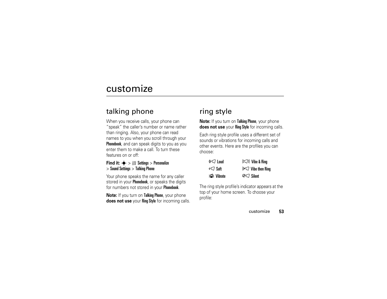 Customize, Talking phone, Ring style | Talking phone ring style | Motorola W510 User Manual | Page 55 / 115