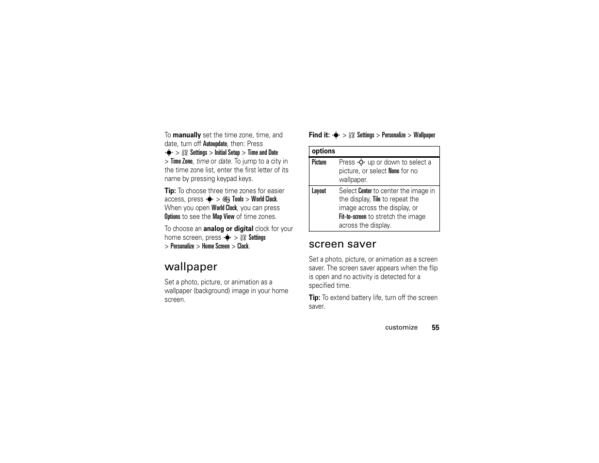 Wallpaper, Screen saver, Wallpaper screen saver | Motorola W510 User Manual | Page 57 / 115