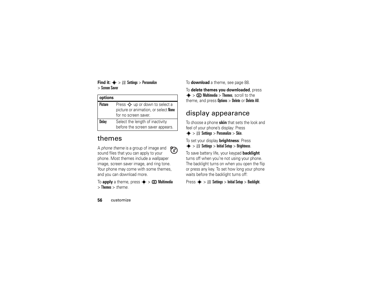 Themes, Display appearance, Themes display appearance | Motorola W510 User Manual | Page 58 / 115