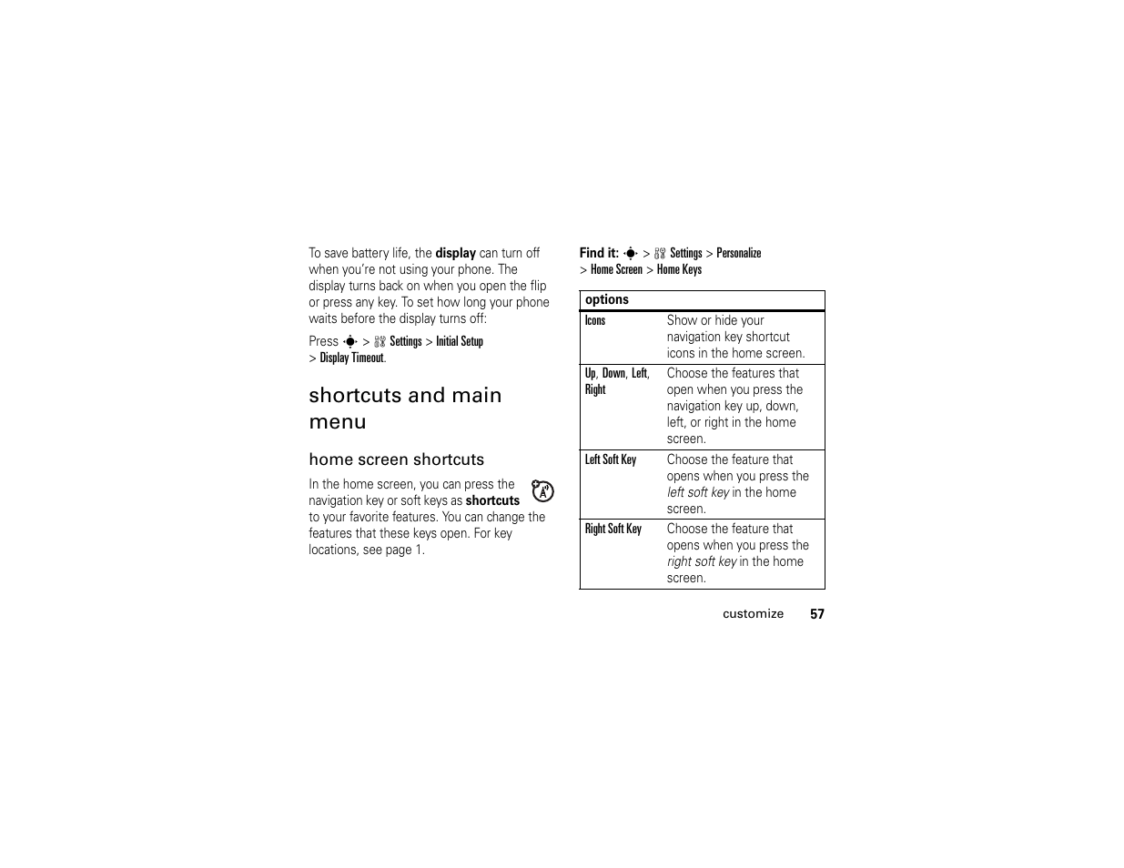 Shortcuts and main menu, Shortcuts and main menu 57 | Motorola W510 User Manual | Page 59 / 115