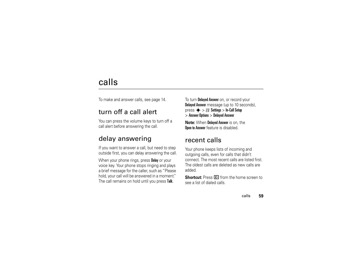 Calls, Turn off a call alert, Delay answering | Recent calls, Turn off a call alert delay answering recent calls | Motorola W510 User Manual | Page 61 / 115