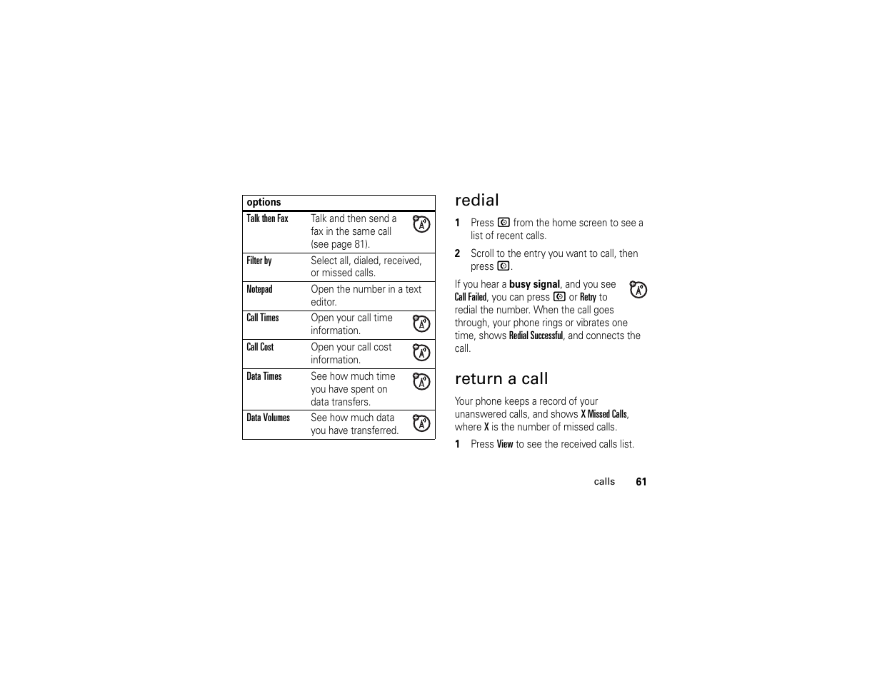 Redial, Return a call, Redial return a call | Motorola W510 User Manual | Page 63 / 115