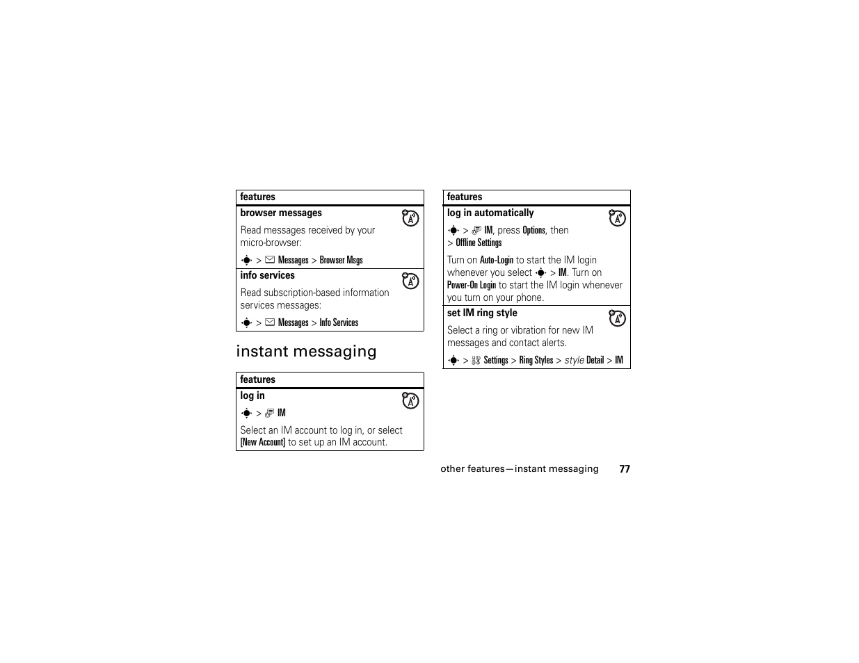 Instant messaging | Motorola W510 User Manual | Page 79 / 115