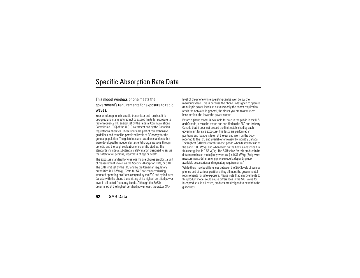 Sar data, Specific absorption rate data | Motorola W510 User Manual | Page 94 / 115