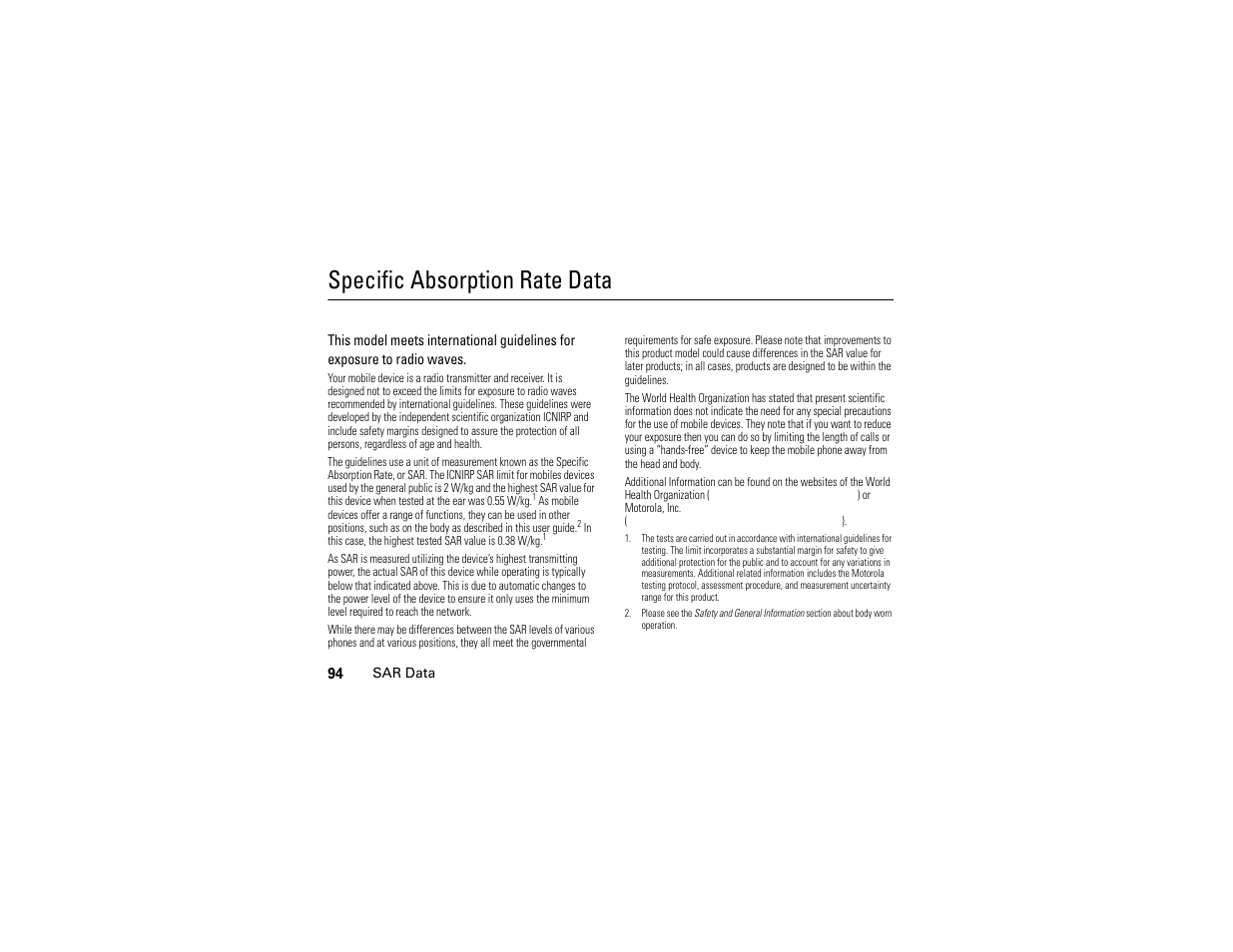 Sar data, Specific absorption rate data | Motorola W510 User Manual | Page 96 / 115