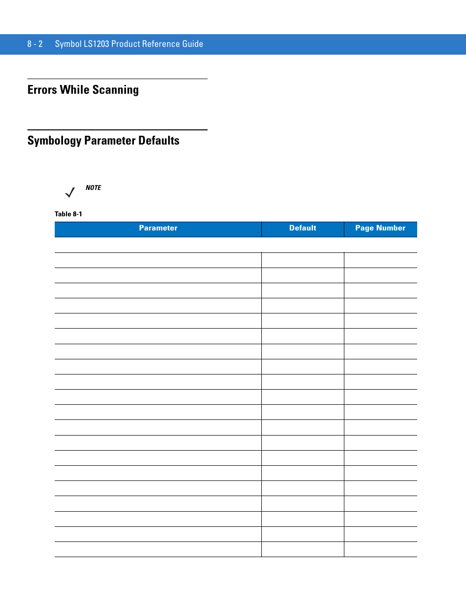 Errors while scanning, Symbology parameter defaults | Motorola LS1203 User Manual | Page 114 / 202