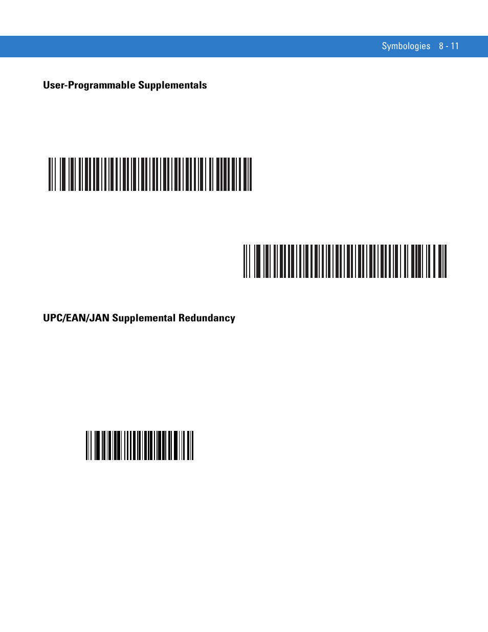 User-programmable supplementals, Upc/ean/jan supplemental redundancy, T via | Set via, Upc/ean/jan, Efix, User-programmable supplementals on, User-programmable | Motorola LS1203 User Manual | Page 123 / 202