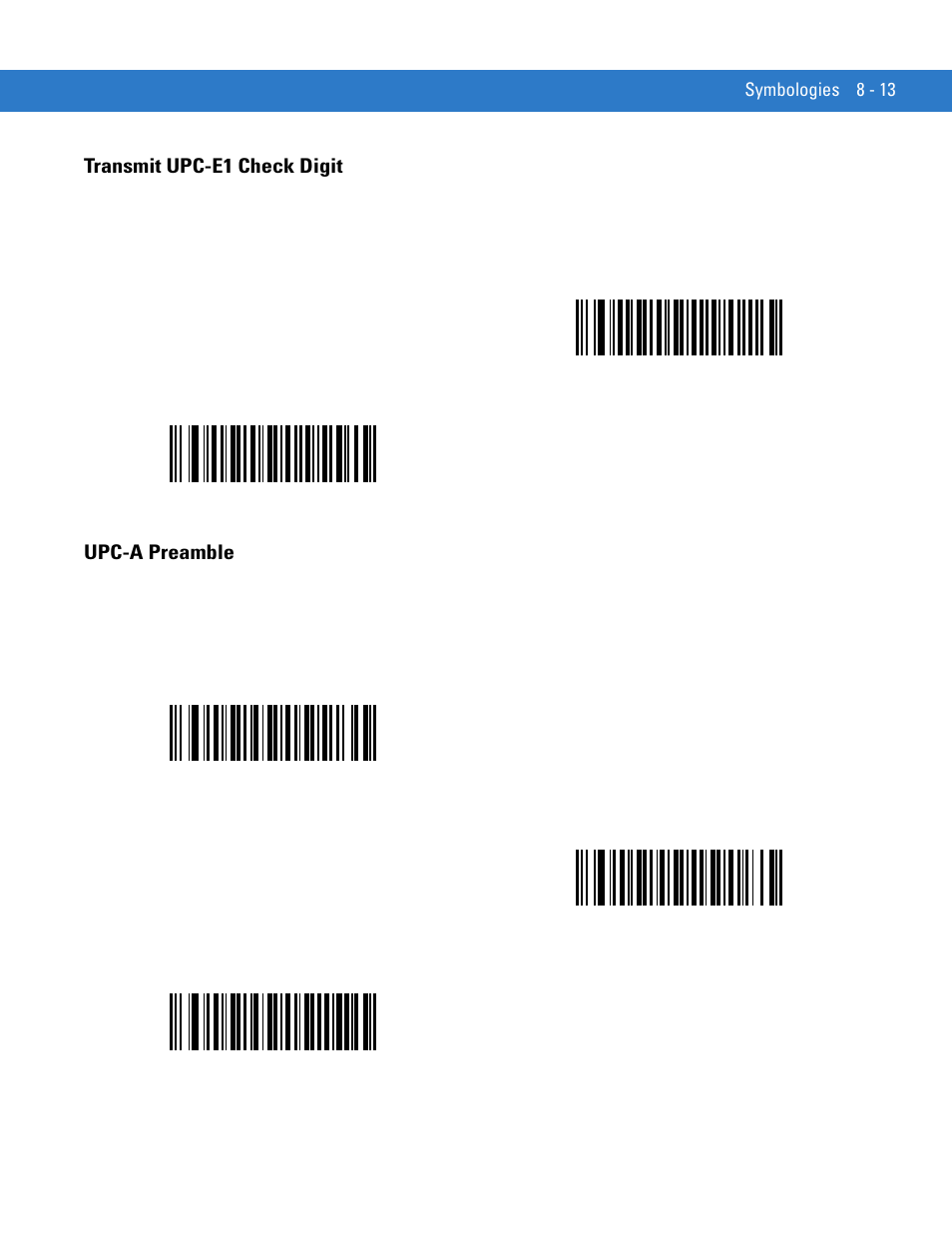 Transmit upc-e1 check digit, Upc-a preamble, Transmit upc-e1 check digit -13 upc-a preamble -13 | Motorola LS1203 User Manual | Page 125 / 202