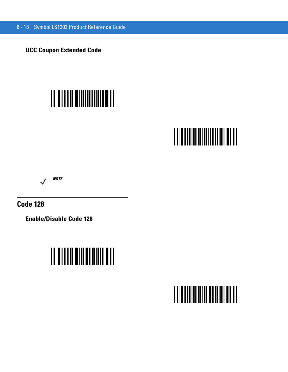 Ucc coupon extended code, Code 128, Enable/disable code 128 | Ucc coupon extended code -18, Code 128 -18, Enable/disable code 128 -18 | Motorola LS1203 User Manual | Page 130 / 202