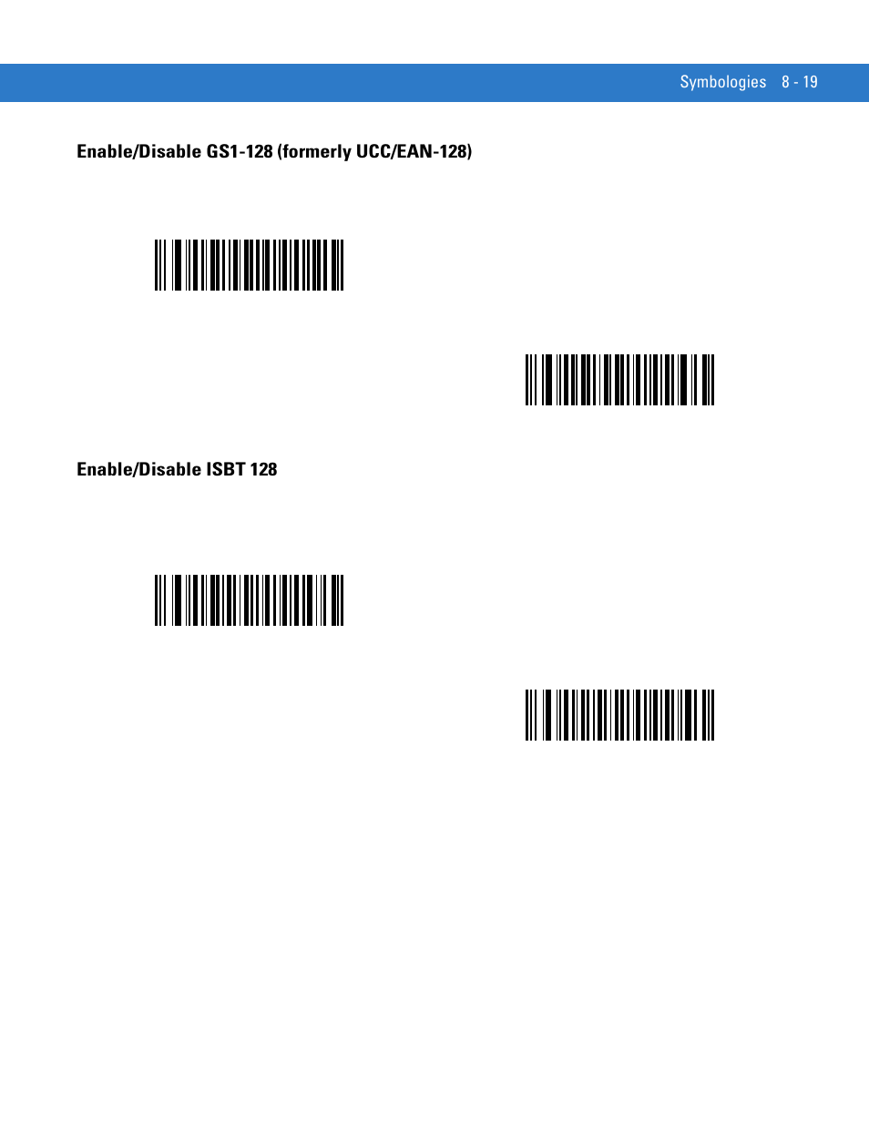 Enable/disable gs1-128 (formerly ucc/ean-128), Enable/disable isbt 128 | Motorola LS1203 User Manual | Page 131 / 202