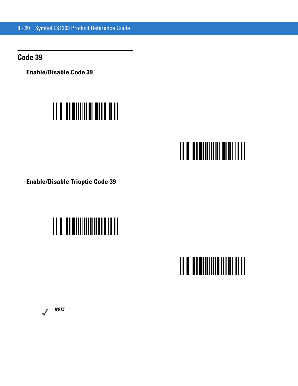 Code 39, Enable/disable code 39, Enable/disable trioptic code 39 | Code 39 -20 | Motorola LS1203 User Manual | Page 132 / 202