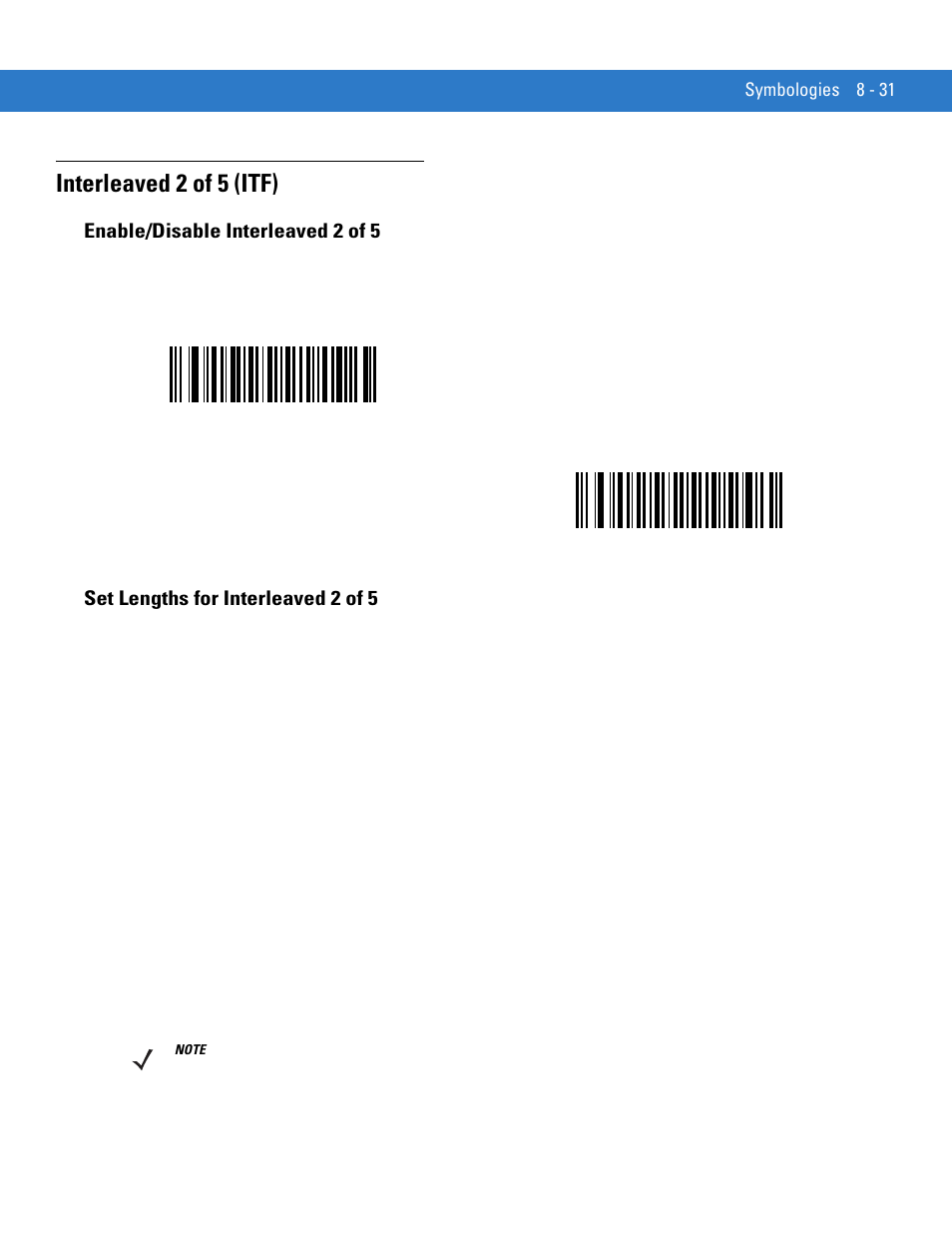 Interleaved 2 of 5 (itf), Enable/disable interleaved 2 of 5, Set lengths for interleaved 2 of 5 | Interleaved 2 of 5 (itf) -31 | Motorola LS1203 User Manual | Page 143 / 202