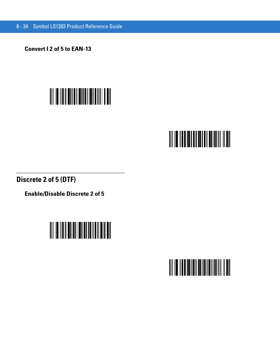 Convert i 2 of 5 to ean-13, Discrete 2 of 5 (dtf), Enable/disable discrete 2 of 5 | Convert i 2 of 5 to ean-13 -34, Discrete 2 of 5 (dtf) -34, Enable/disable discrete 2 of 5 -34 | Motorola LS1203 User Manual | Page 146 / 202