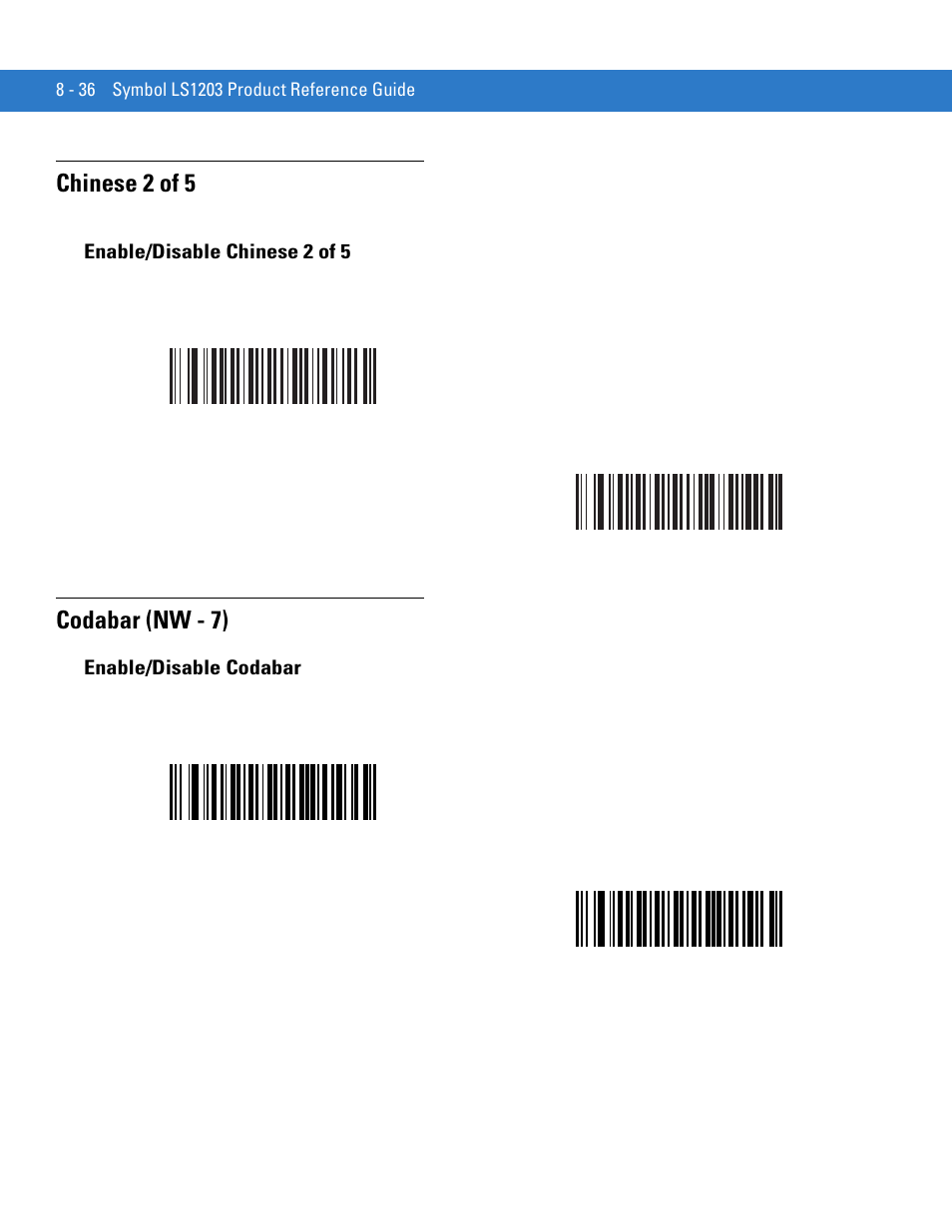 Chinese 2 of 5, Enable/disable chinese 2 of 5, Codabar (nw - 7) | Enable/disable codabar, Chinese 2 of 5 -36, Enable/disable chinese 2 of 5 -36, Codabar (nw - 7) -36, Enable/disable codabar -36 | Motorola LS1203 User Manual | Page 148 / 202