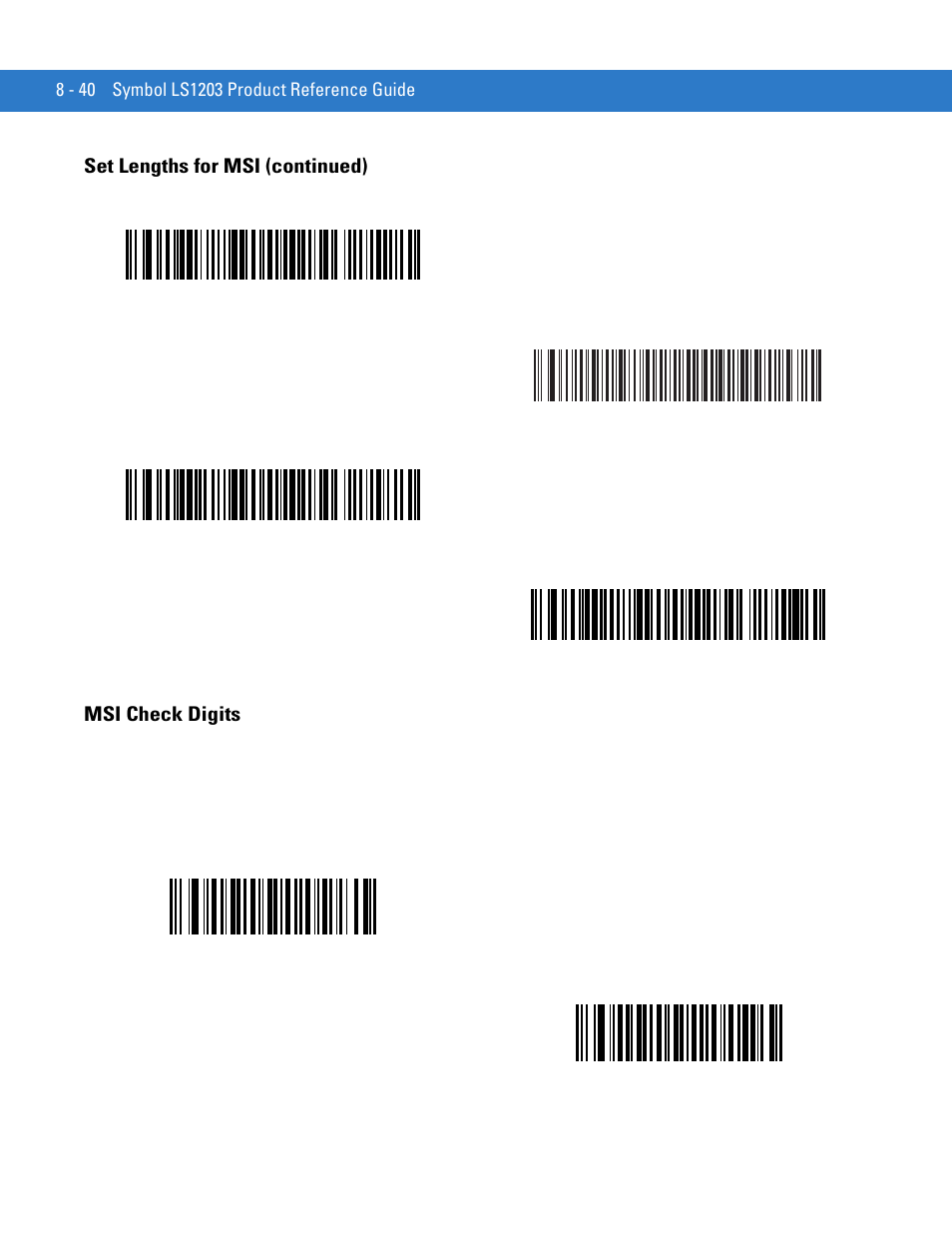 Msi check digits, Msi check digits -40, Set lengths for msi (continued) msi check digits | Motorola LS1203 User Manual | Page 152 / 202