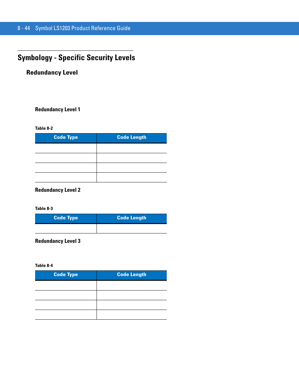 Symbology - specific security levels, Redundancy level, Symbology - specific security levels -44 | Redundancy level -44 | Motorola LS1203 User Manual | Page 156 / 202