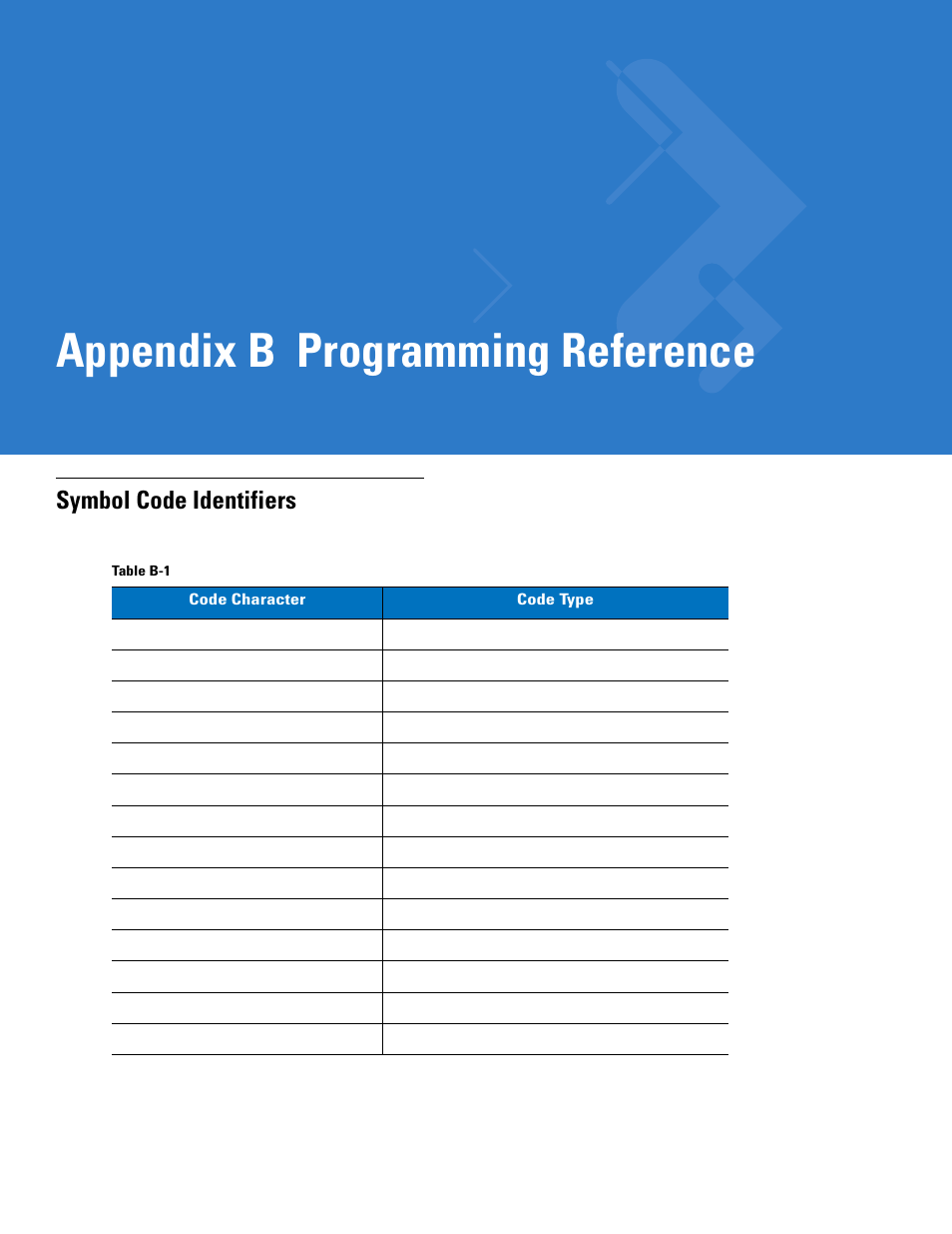 Programming reference, Symbol code identifiers, Appendix b: programming reference | Appendix b, programming reference, Appendix b programming reference | Motorola LS1203 User Manual | Page 172 / 202