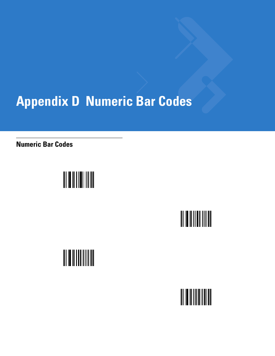 Numeric bar codes, Appendix d: numeric bar codes, Appendix d, numeric bar codes | Includ, Appendix d, numeric bar, Codes, Appendix d, Appendix d numeric bar codes | Motorola LS1203 User Manual | Page 181 / 202