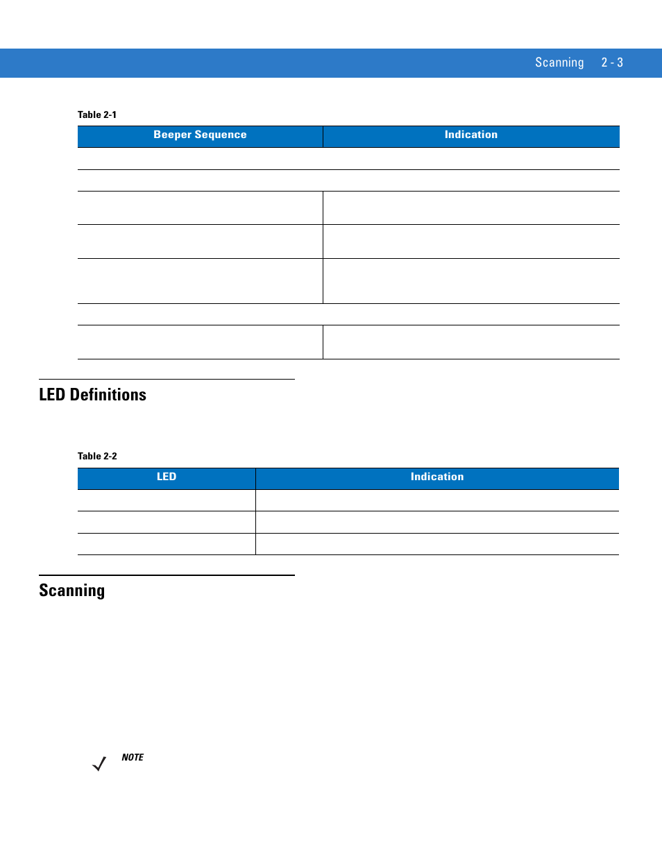 Led definitions, Scanning, Led definitions -3 scanning -3 | Motorola LS1203 User Manual | Page 25 / 202