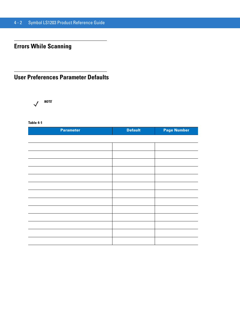 Errors while scanning, User preferences parameter defaults, Own in the | Motorola LS1203 User Manual | Page 40 / 202