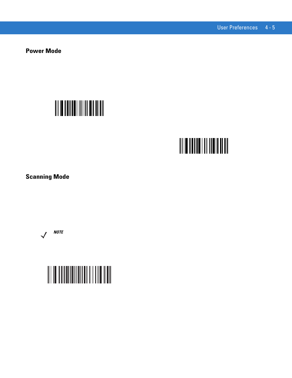 Power mode, Scanning mode, Power mode -5 scanning mode -5 | User preferences 4 - 5 | Motorola LS1203 User Manual | Page 43 / 202