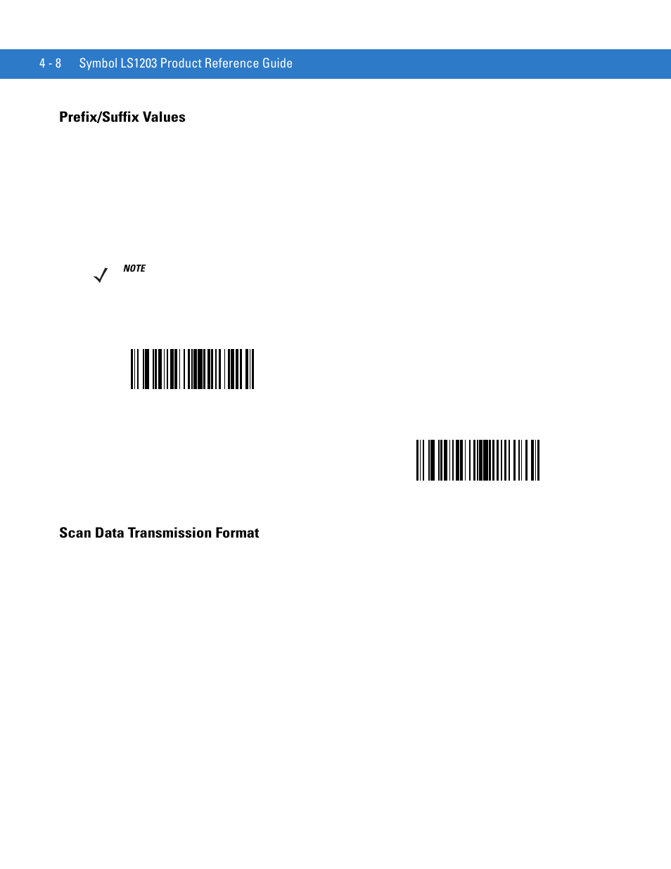 Prefix/suffix values, Scan data transmission format | Motorola LS1203 User Manual | Page 46 / 202