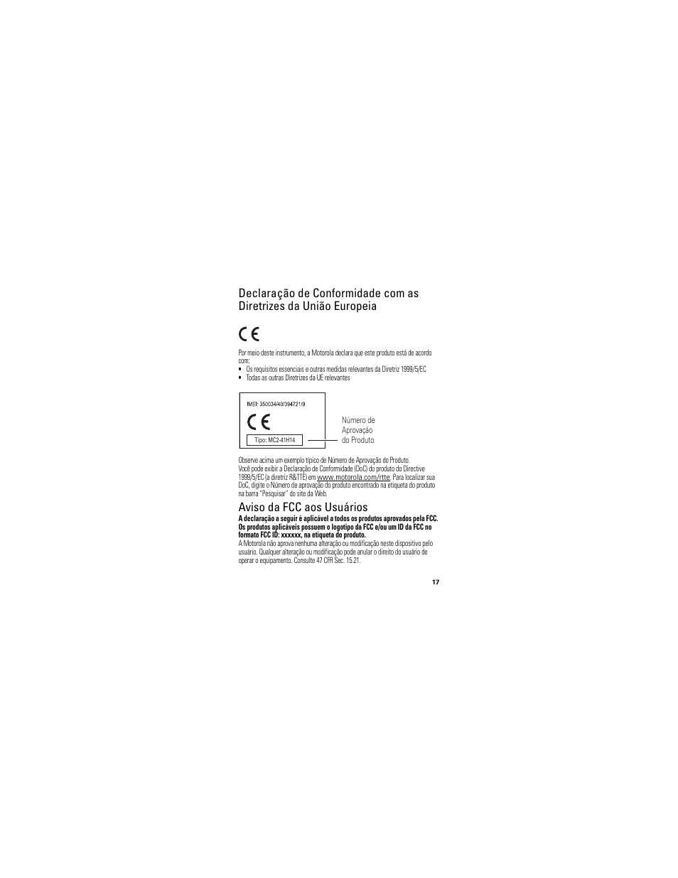 Conformidade com a união europeia, Aviso da fcc, Aviso da fcc aos usuários | Motorola HK100 User Manual | Page 111 / 122