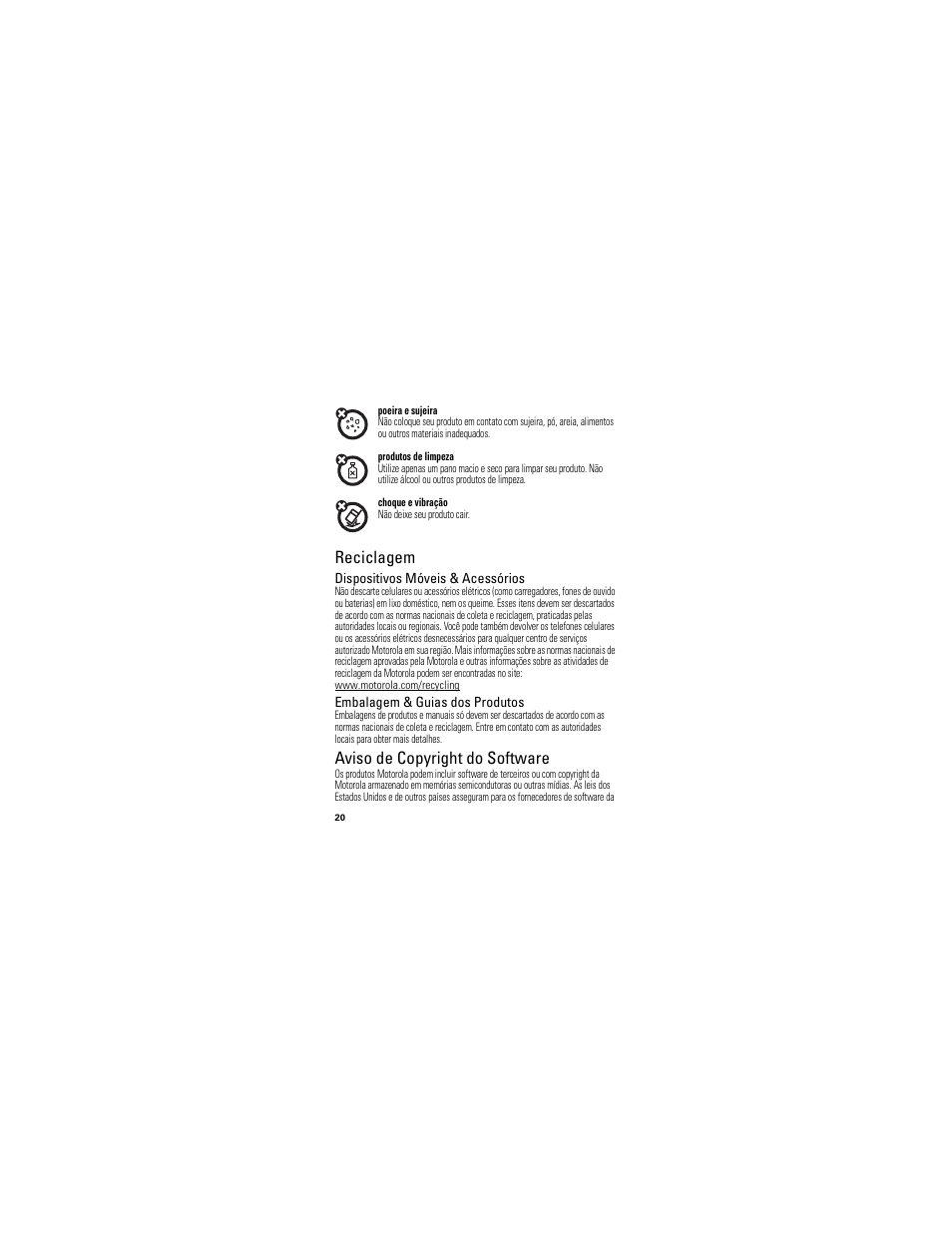 Reciclagem, Aviso de copyright do software | Motorola HK100 User Manual | Page 114 / 122