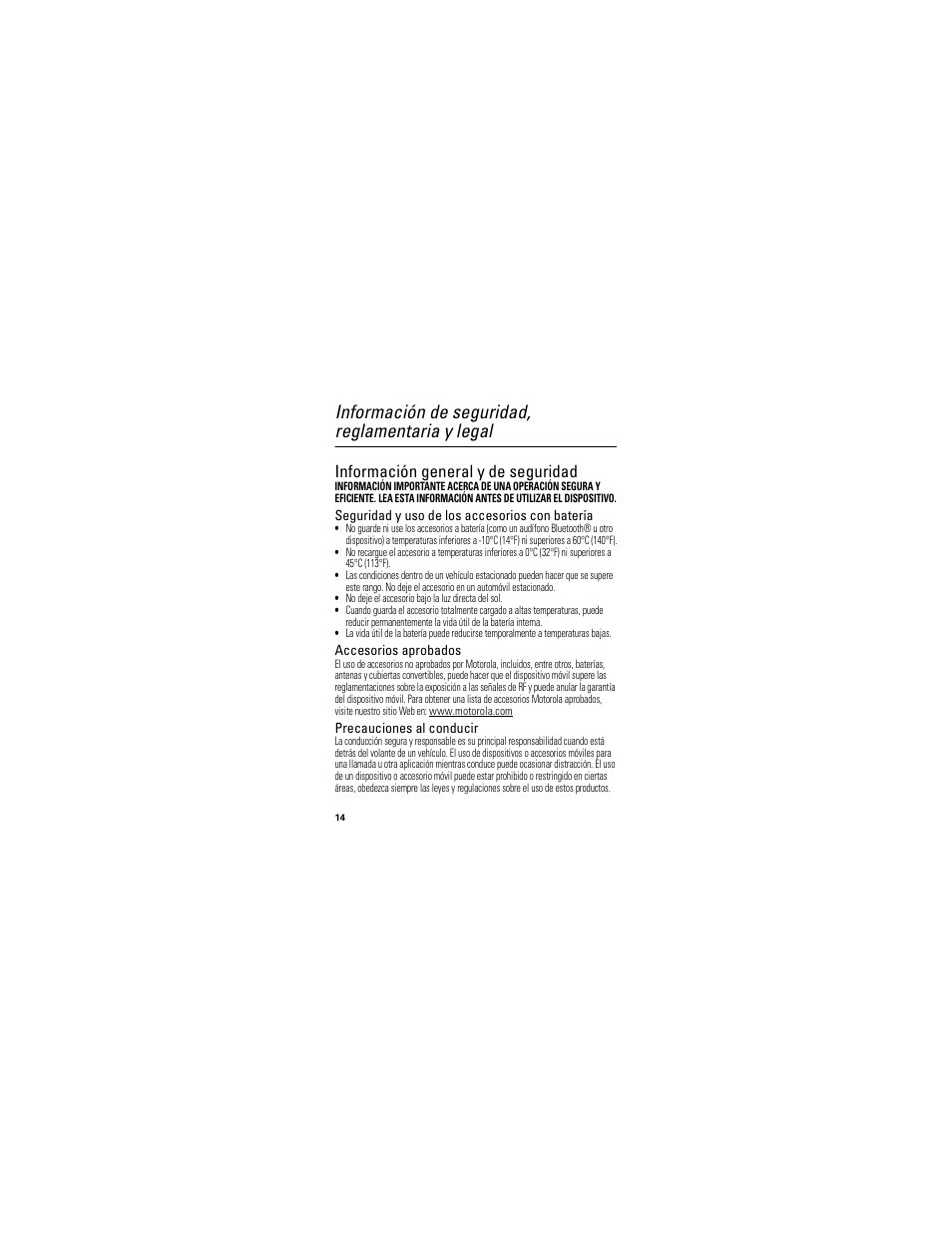 Información de seguridad, reglamentaria y legal, Información de seguridad, Información general y de seguridad | Motorola HK100 User Manual | Page 42 / 122