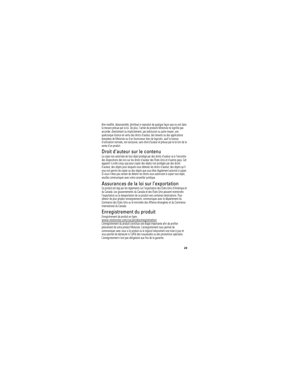 Droit d’auteur sur le contenu, Loi sur l’exportation, Enregistrement | Assurances de la loi sur l’exportation, Enregistrement du produit | Motorola HK100 User Manual | Page 83 / 122
