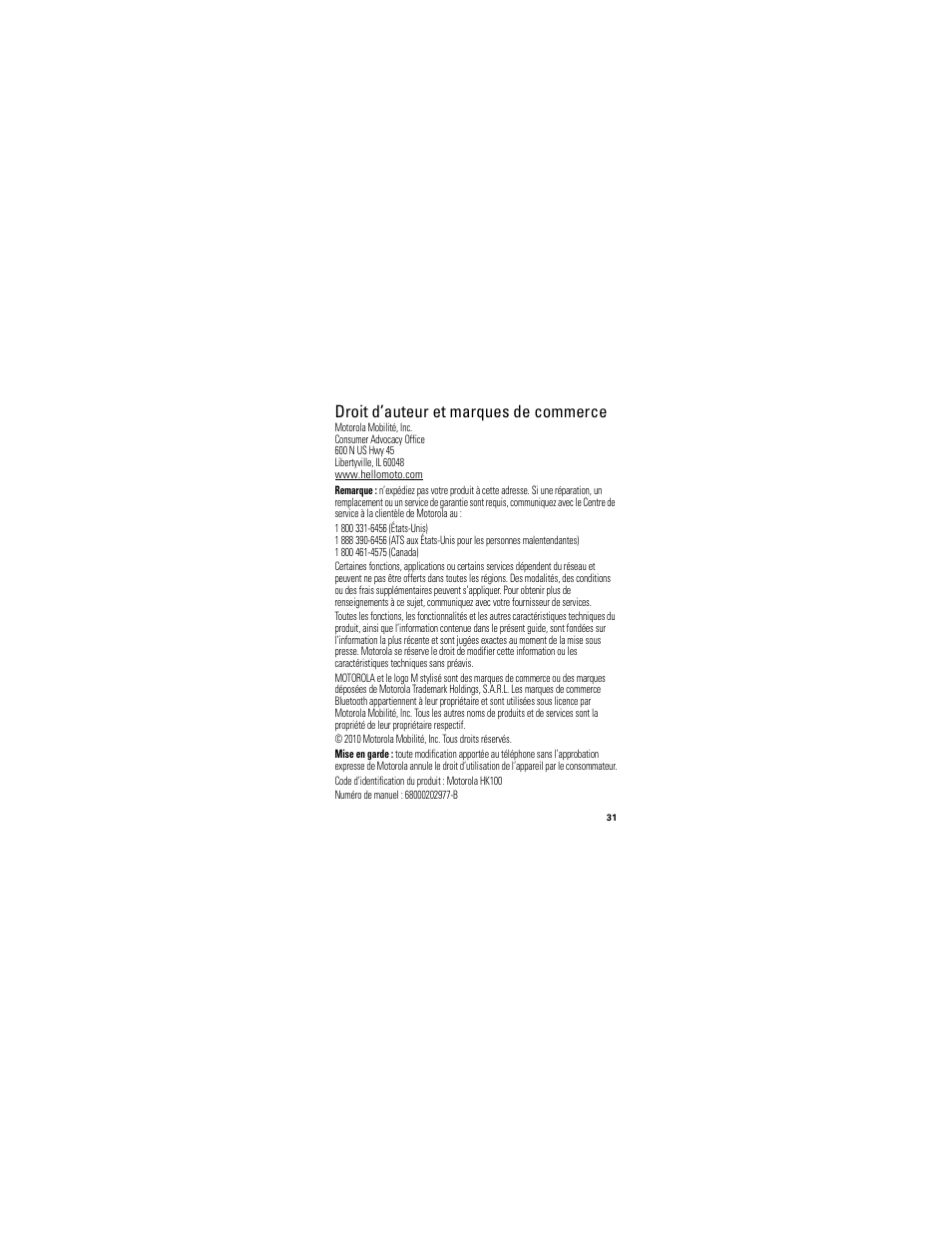 Droit d’auteur et marques de commerce | Motorola HK100 User Manual | Page 91 / 122