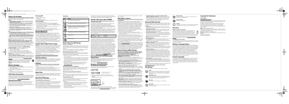 Safety, regulatory & legal, Battery use & safety, Battery charging | Third party accessories, Driving precautions, Seizures/blackouts, Caution about high volume usage, Repetitive motion, Children, Glass parts | Motorola EX232 User Manual | Page 2 / 2