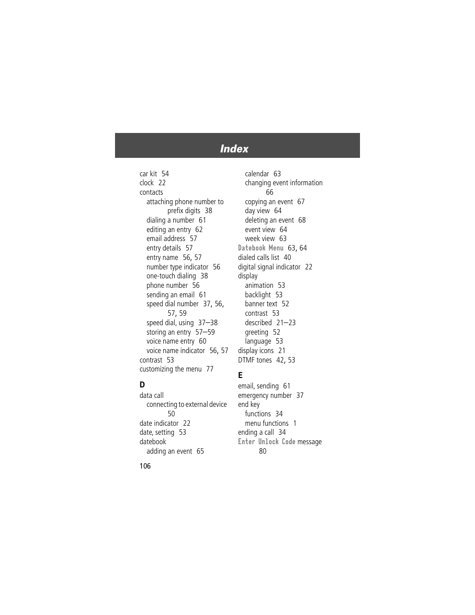 Index | Motorola V200 User Manual | Page 106 / 114