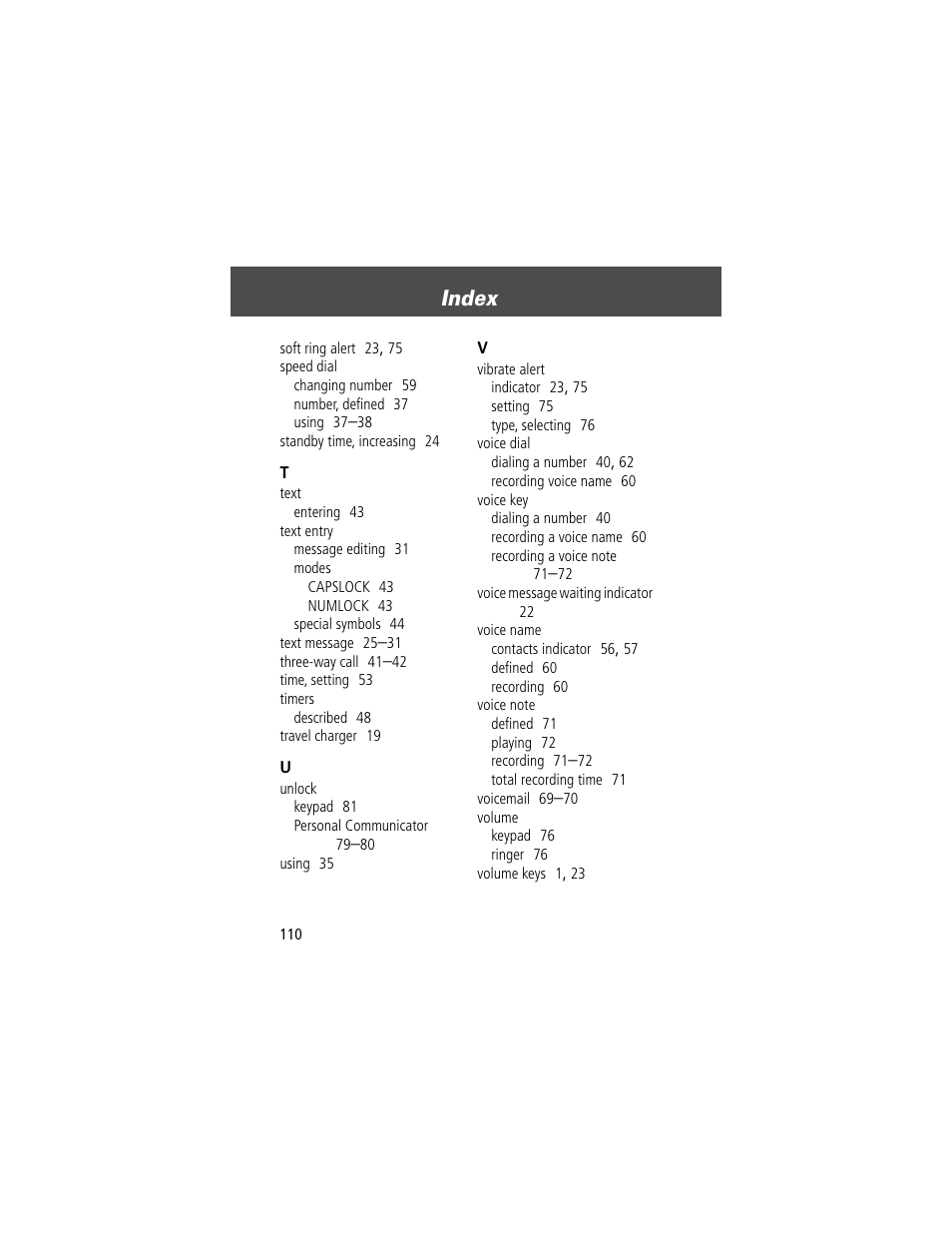 Index | Motorola V200 User Manual | Page 110 / 114