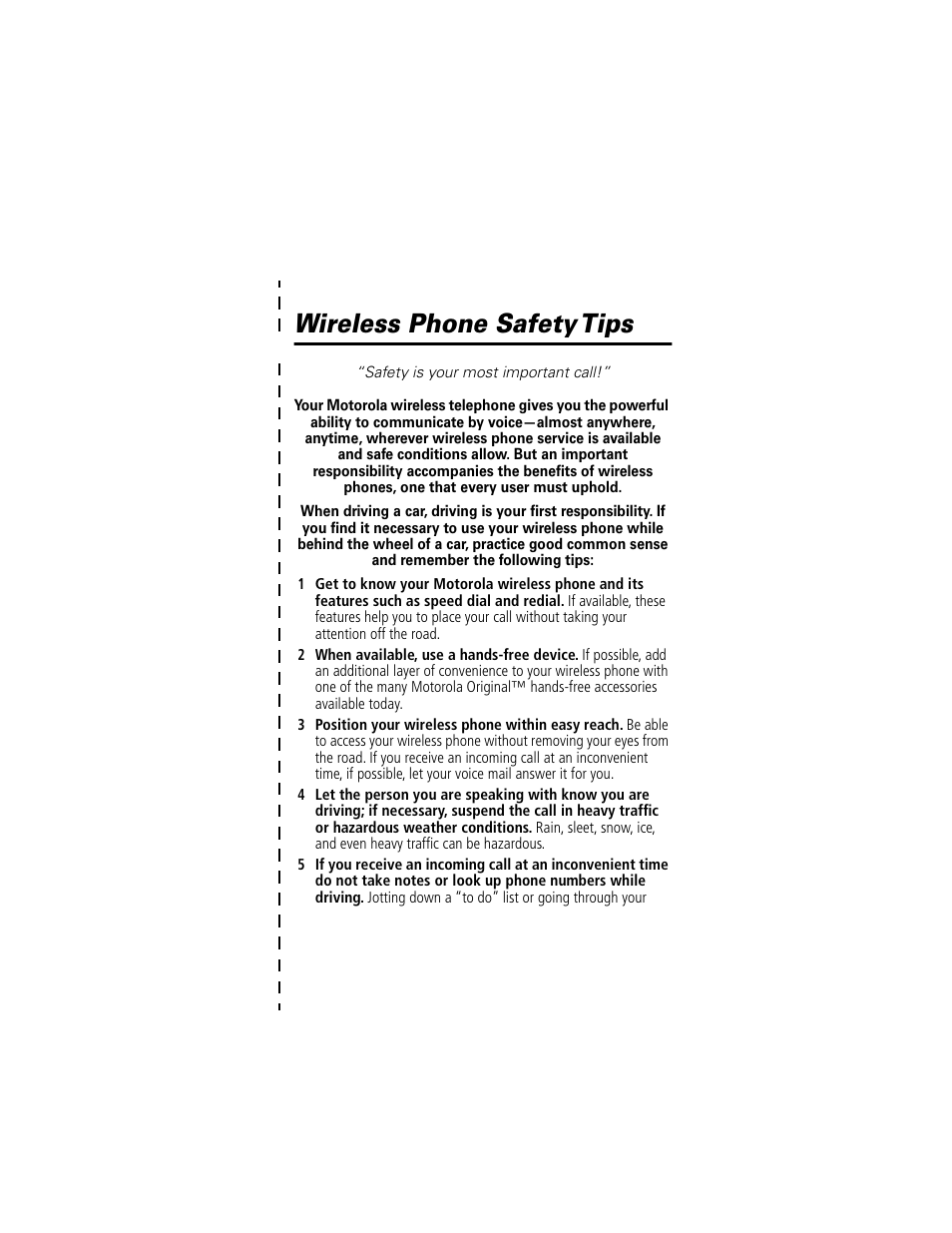 Wireless phone safety tips | Motorola V200 User Manual | Page 113 / 114