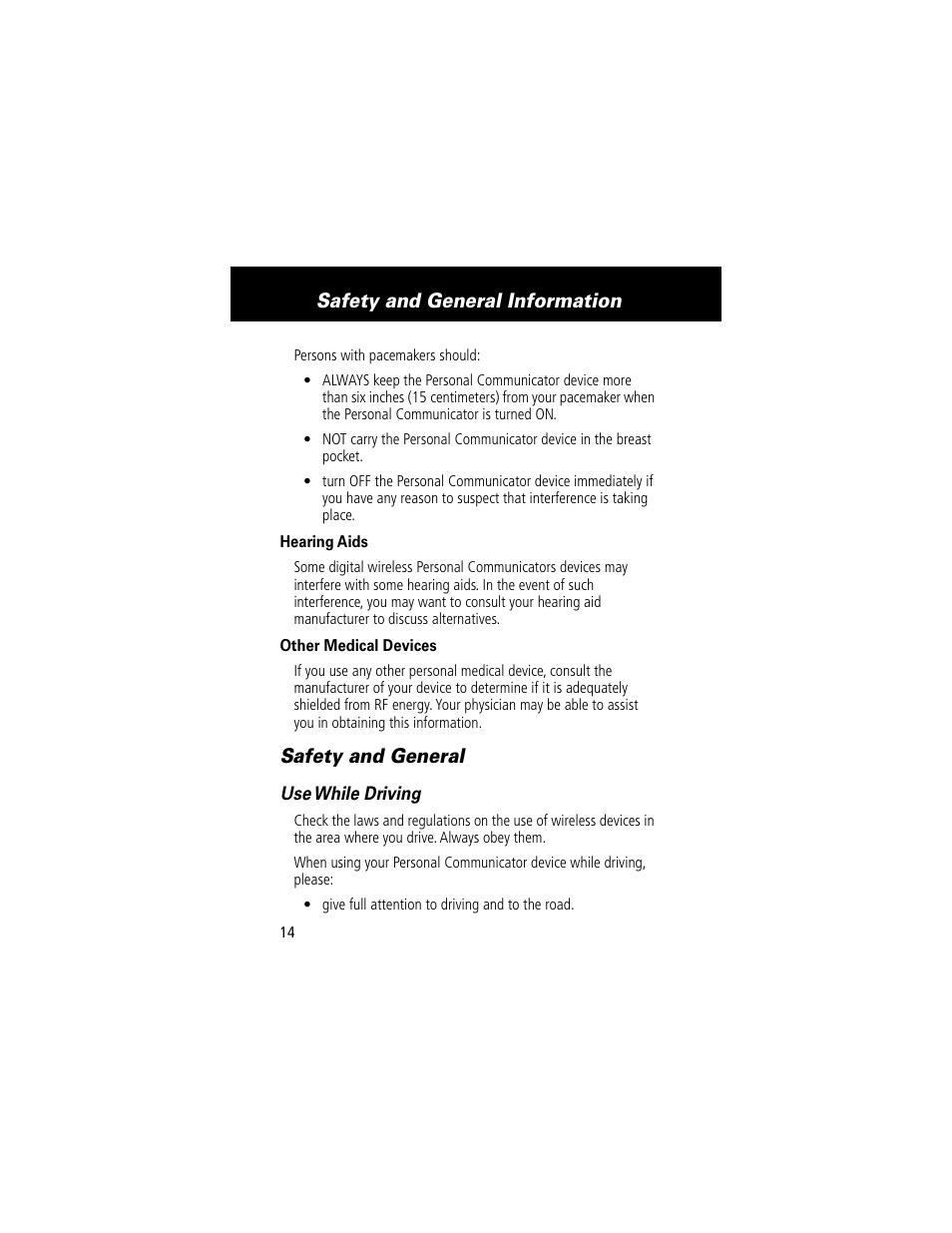 Safety and general information, Safety and general | Motorola V200 User Manual | Page 14 / 114