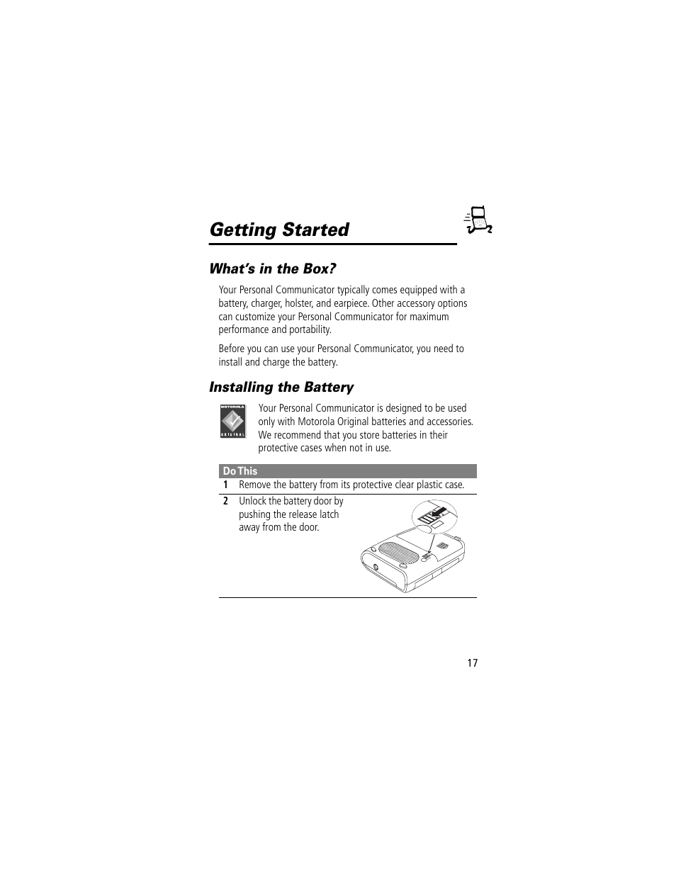 Getting started | Motorola V200 User Manual | Page 17 / 114