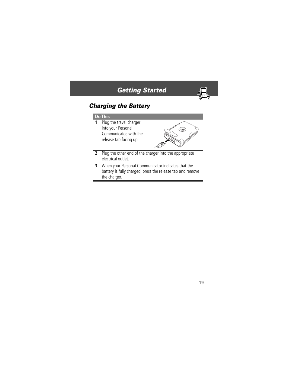 Charging the battery, Getting started | Motorola V200 User Manual | Page 19 / 114