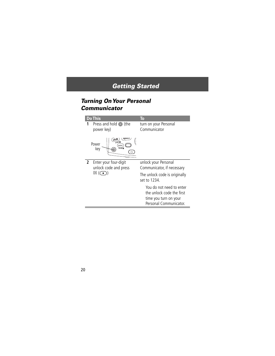 Getting started, Turning on your personal communicator | Motorola V200 User Manual | Page 20 / 114