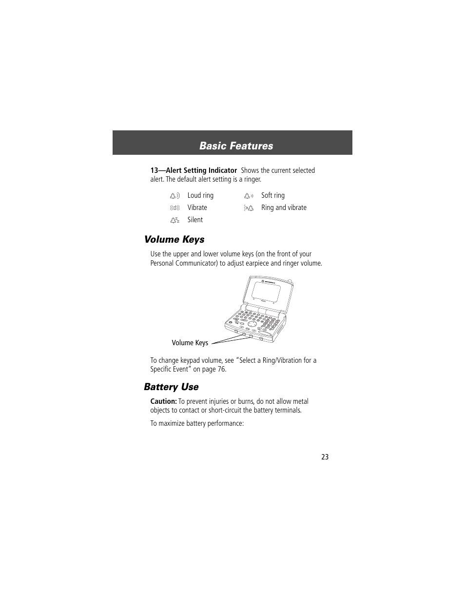 Basic features, Volume keys, Battery use | Motorola V200 User Manual | Page 23 / 114