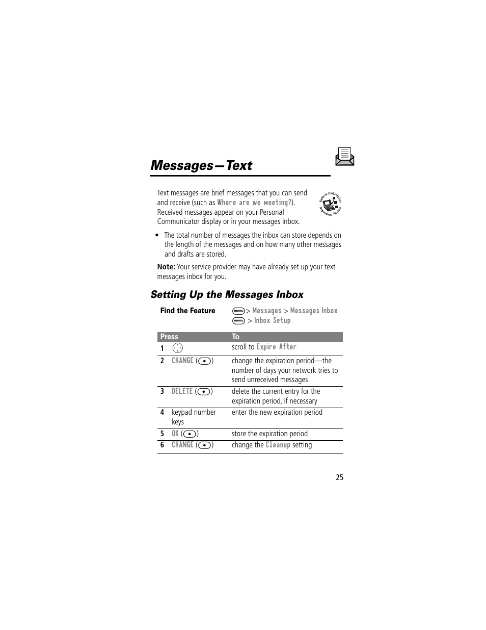 Messages—text, Setting up the messages inbox | Motorola V200 User Manual | Page 25 / 114